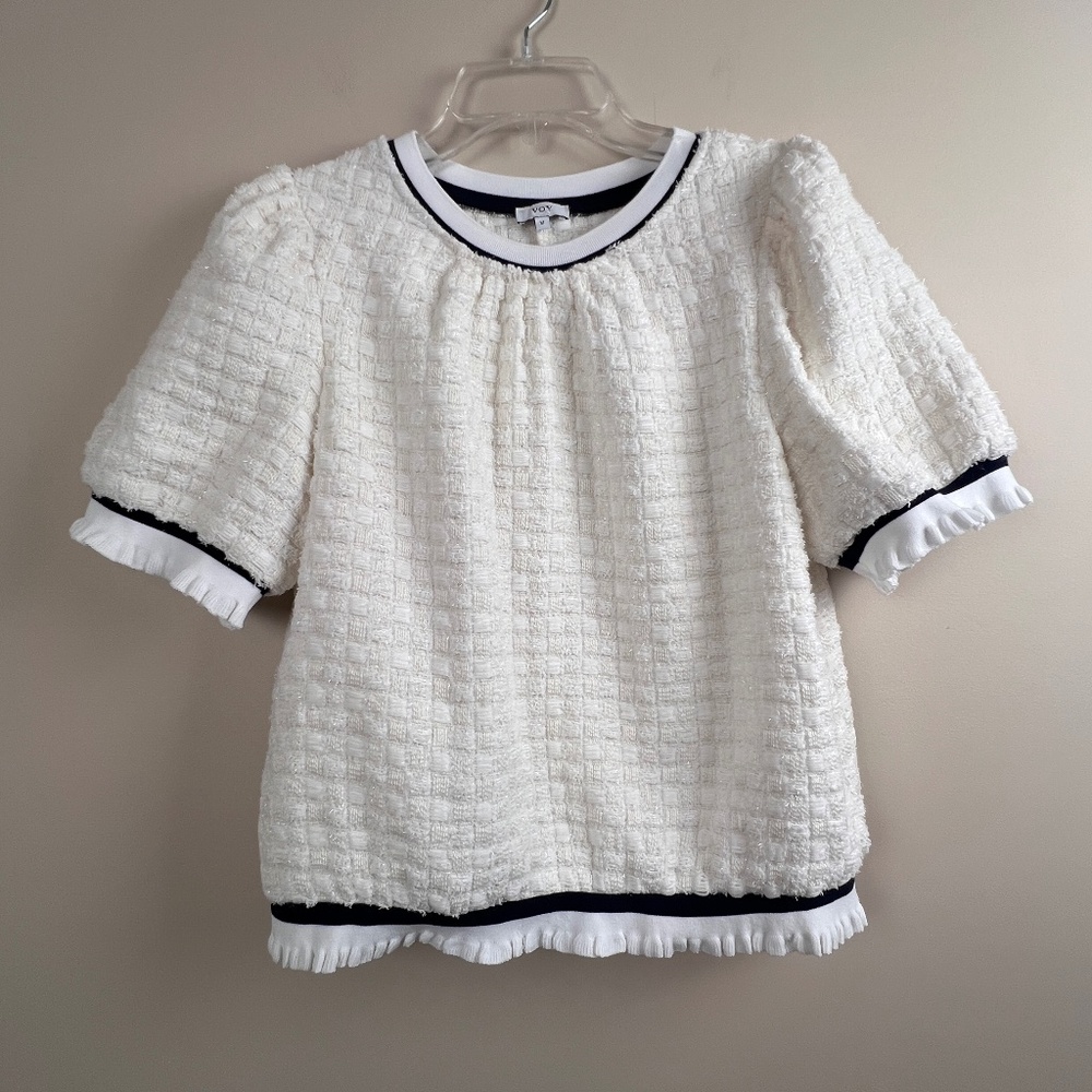 VOY Puff Sleeve Checkerboard Textured Top White Blue Black Ruffle Trim Medium